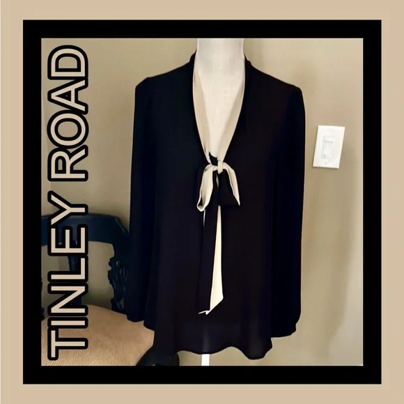 TINLEY ROAD Elegant Black and Tan Women's Top w/ Plunge V-Neck & Long Ties Sz M - Picture 1 of 10